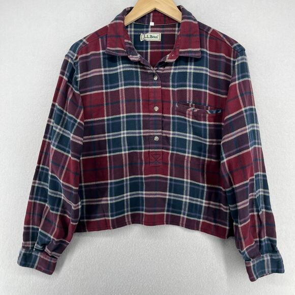 L.L. Bean Tops - LL BEAN Shirt Womens L Flannel Plaid Cropped Crafted Popover Long Sleeve Red